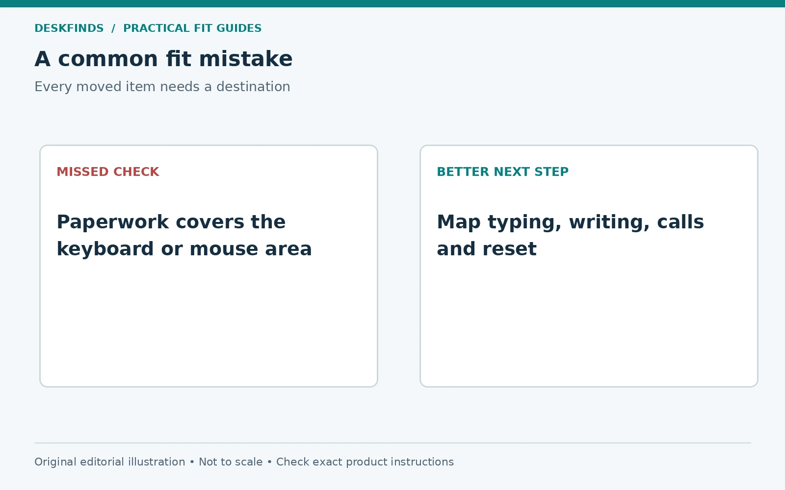Paperwork covers the keyboard or mouse area; instead, map typing, writing, calls and reset.