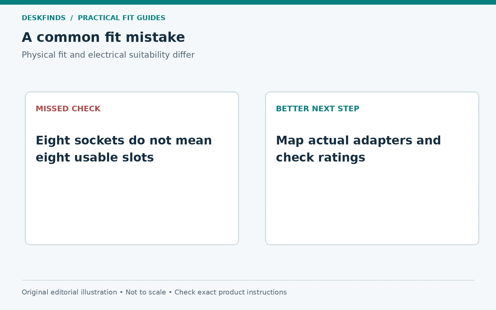 Eight sockets do not mean eight usable slots; instead, map actual adapters and check ratings.