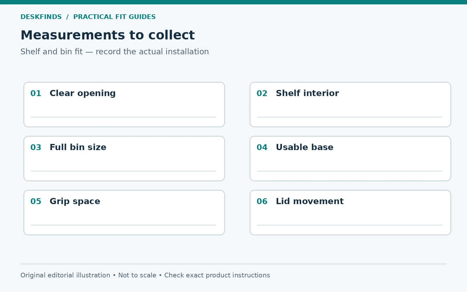 Measurement worksheet for shelf and bin fit.